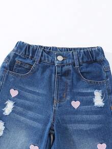 SHEIN ChillGRL 女童/幼儿时尚雪花水洗做旧刺绣喇叭裤 - 藍色 - 查看 3