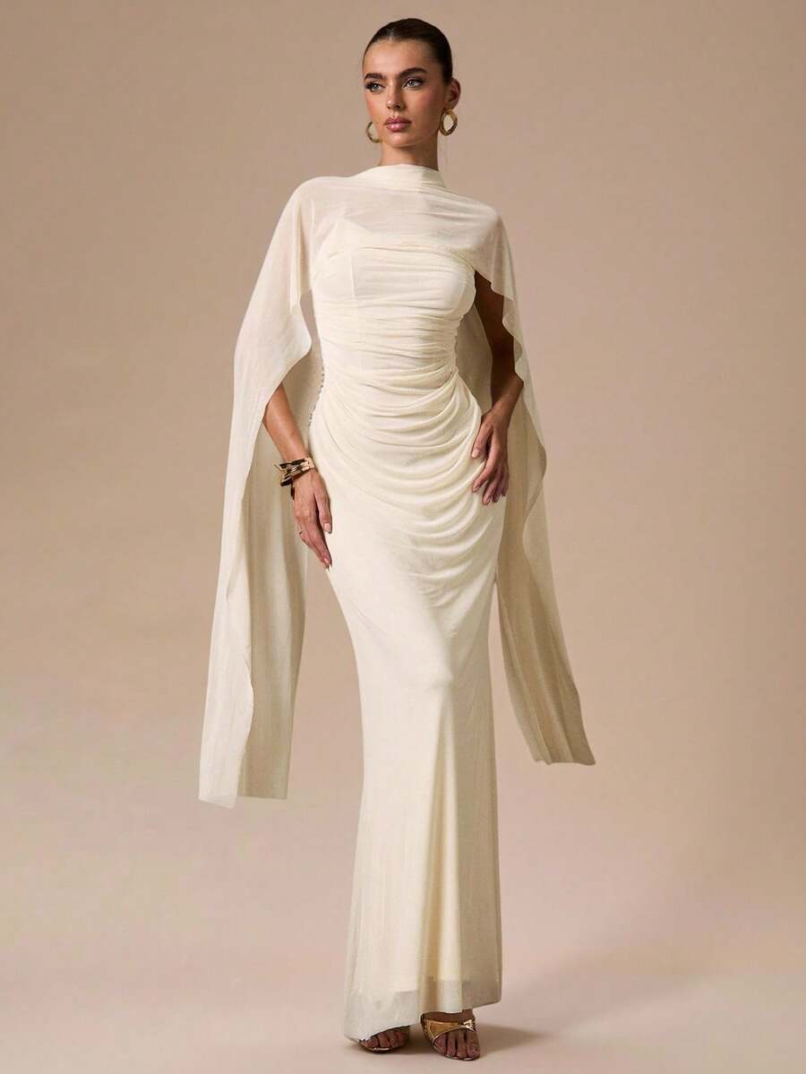 SHEIN BAE Apricot Women's Shawl Cover Up Paired With Tight Ruched Fitted Mermaid Dress, Apricot Elegant Dress Suitable For Cocktail Party, Romantic Date, Gathering, Formal Event, Bridesmaid Dress, Summer Dress, Tea Party Dress, Christmas Dress, New Year, Valentine's Day - Apricot - View 1