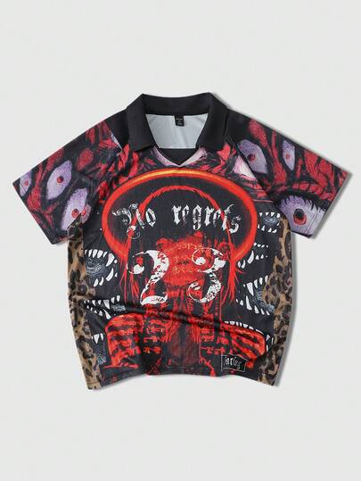 ROMWE MEN Anime 男士 Polo 衫，休闲运动樱花及英文文字印花短袖 Polo 衫