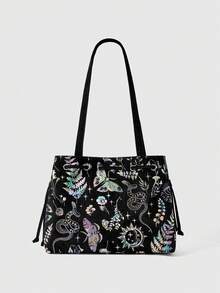 ROMWE Fairycore Floral Butterfly Jungle Suede Tote Shoulder Bag - Black - View 8