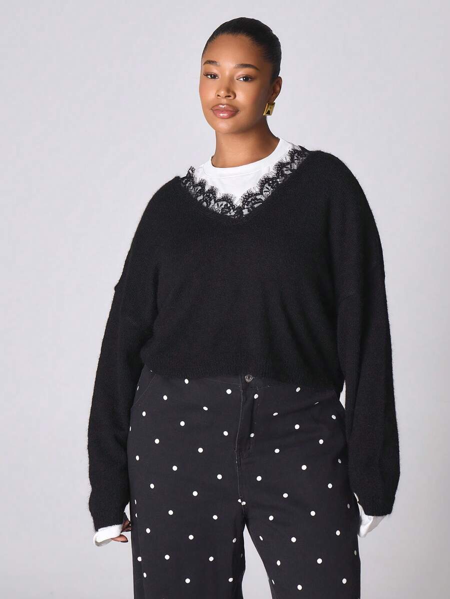 MUSERA V领针织短款蕾丝边套头衫，冬季新年可爱性感外出晚宴派对点缀