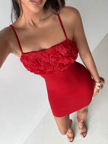 Aloruh Women's Valentine's Day Solid Red 3D Rose Floral Bodycon A-Line Cami Mini Dress - Red - View 6