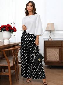 EMERY ROSE 女士纯色上衣和波点印花长裤两件套 - 彩色 - 查看 1