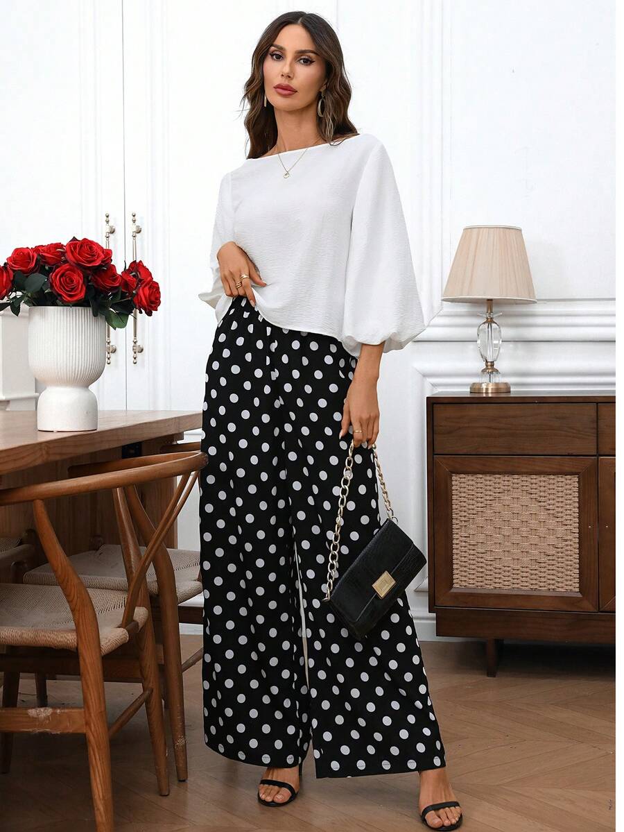 EMERY ROSE 女士纯色上衣和波点印花长裤两件套 - 彩色 - 查看 1