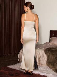 Slumberist 性感蕾丝边V领系腰仿丝女士睡衣套装 - 香檳色 - 查看 6