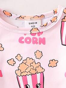 女童卡通爆米花印花长袖上衣和打底裤睡衣套装，秋/春季款 - 粉色 - 查看 4