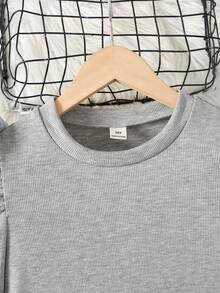 SHEIN Emery Rose Kids 少女休闲日常通勤简约百搭纯色罗纹插肩袖T恤，春秋季 - 灰色 - 查看 4