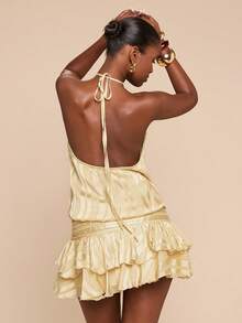 SHEIN BAE 黄色纯色露背系带A字连衣裙，荷叶边下摆，优雅迷人，适合情人节约会、鸡尾酒会、浪漫场合、派对、伴娘礼服、晚礼服等。 - 黃色 - 查看 2