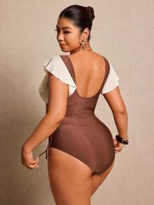 Elaquor Plus Size Colorblock Starfish Decor One-Piece Swimsuit, Vacation & Beach Spring Outfit Women/Spring Break Outfits/Spring Clothing - Coffee Brown - View 2