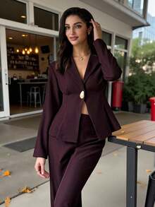 Firerie Women's Casual And Elegant Suit Jacket And Wide-Leg Pants Set, With A Fitted Top And Metal-Buckled Fitted Blazer/Purple Suit/Suit Suitable For Office And Commuting. (Keywords: Autumn Women's Wear, Autumn Outfits, Back To School Season, Business Casual Women's Wear, Retro Style Women's Wear, Office Wear, Outfits, Autumn Women's Wear, Vintage Style Suit) - Mocha Brown - View 9