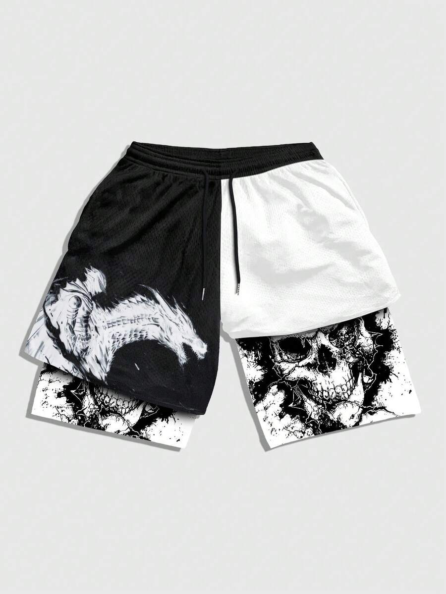 ROMWE MEN Goth Contrast Color Elastic Waist Drawstring Casual Summer Versatile Shorts - Multicolor - View 1