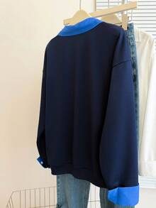 INAWLY Sudadera de 2 en 1 con cuello de contraste y hombros caídos - azul real - Ver 2