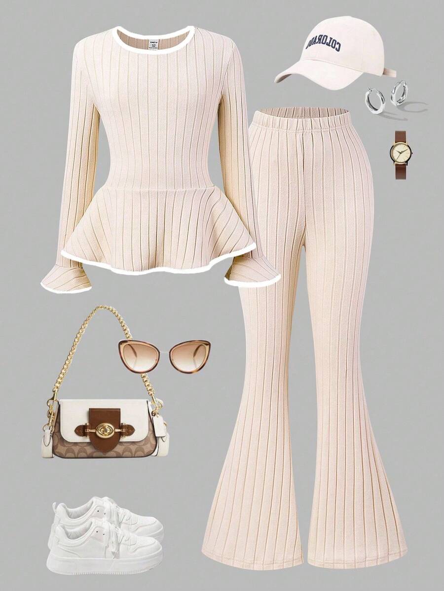 Tween Girl Round Neck Bell Sleeve Ribbed Casual Comfortable Breathable T-Shirt Set - Khaki - View 1