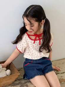 DAZY Young Girls Round Neck Polka Dot Tie Casual Short Sleeve T-Shirt, Fall - Beige - View 8