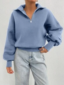 EURMUSE Sudadera oversize de 100% algodón con cuello con cremallera y estampado - Celeste - Ver 8