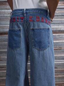 AXEPEAK 男士水洗撞色牛仔裤，百搭时尚休闲裤，男士阔腿牛仔裤，条纹牛仔裤，印花宽松牛仔裤，男士宽松阔腿裤，男士藏蓝色细条纹裤，男士细条纹裤 - 藍色 - 查看 3