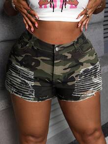 Slaydiva 大码女式迷彩印花休闲牛仔短裤 Y2K 春夏女装情人节嘉年华沙滩短裤假日女装 - 彩色 - 查看 5