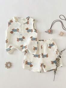 SHEIN 男婴腊肠犬印花背心和短裤休闲套装 - 彩色 - 查看 7