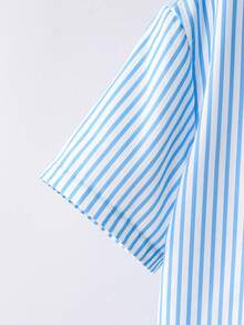 Mirajuku 青少年男童休闲条纹拼接撞色衬衫，时尚百搭，适合日常通勤，可搭配白色T恤和牛仔裤。 - 藍色 - 查看 4