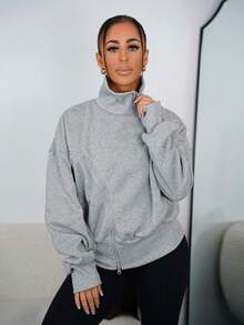 SAYEHFBABY 女士保暖内衬高领灯笼袖拉链门襟卫衣，温暖时尚设计，适合毕业季、教师节等场合，秋季返校季套头衫。 - 深灰色 - 查看 4