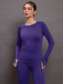 Activina 1 件纯色休闲简约长袖运动 T 恤，适合夏季 - 紫色 - 查看 3