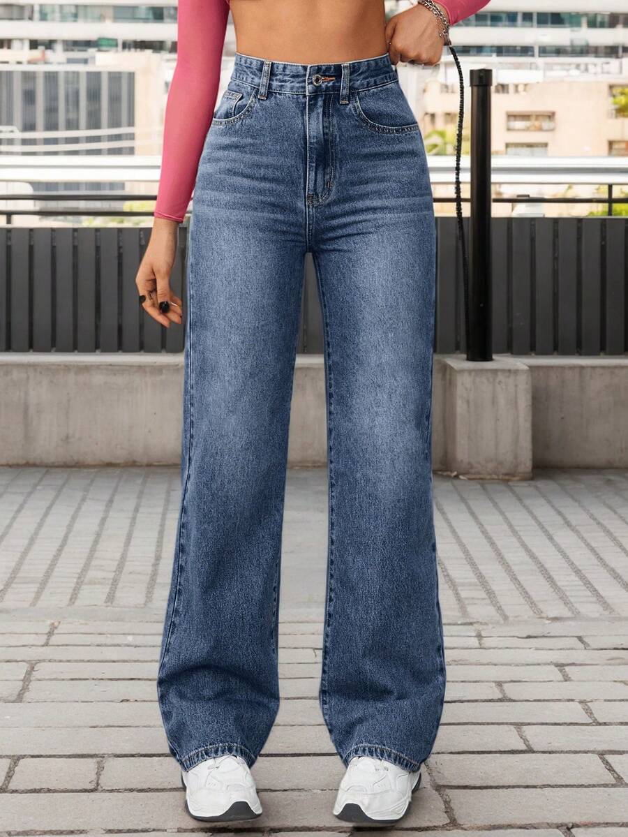 Jeans de mezclilla de pierna ancha recta de diseño simple con cintura alta para mujeres a la moda - Azul lavado oscuro - Ver 1
