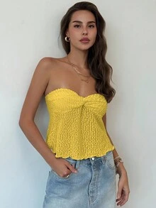 Aloruh Romantic Sexy Yellow Twist Hollow Textured Ruffle Hem Tight Crop Top For Women - Yellow - View 7