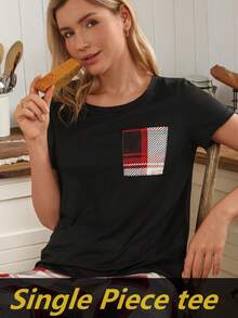 SHEIN Doze Lane 女士休闲单件上衣，格子印花口袋短袖睡衣上衣 - 黑色 - 查看 2