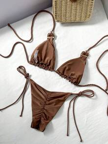 Bộ bikini tam giác gợi cảm 2 mảnh Swim Vcay màu trơn với dây thừng kim loại và trang trí vỏ sò, thích hợp cho mùa xuân/hè. - Cà phê nâu - Xem 2