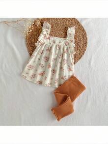 Loomiva 2件套女婴碎花方领荷叶边上衣和松紧腰短裤套装 - 杏色 - 查看 5