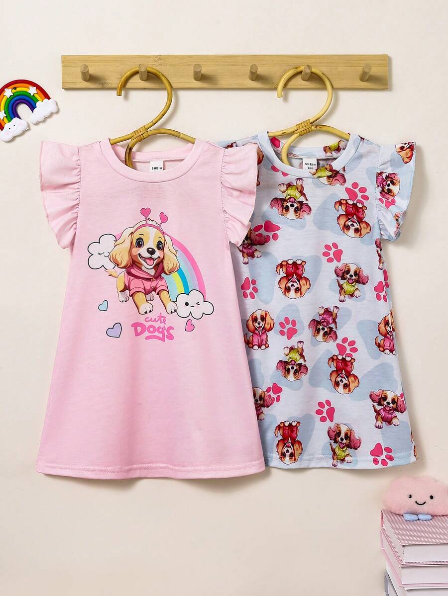 SHEIN 2 piezas Conjunto de camisón con mangas con volantes con estampado de perro lindo para niña pequeña, vestido sin mangas con estampado de arcoíris para bebé, ropa de verano para niñas, ropa de primavera y verano para bebé niña, ropa de vacaciones y viaje - Multicolor - Ver 1