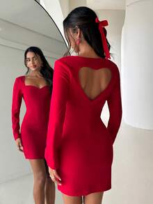 Aloruh 女士优雅露背修身迷你连衣裙，长袖，适合情人节约会，红色 - 紅色 - 查看 8