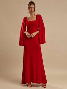 SHEIN BAE Đầm dài tay màu đỏ phối họa tiết hoa hồng, dáng ôm, thanh lịch, thích hợp cho tiệc cocktail, hẹn hò, đám cưới, phù dâu, ngày Valentine, mùa hè, tiệc trà, bữa ăn sáng muộn, các dịp trang trọng. - Đỏ - Xem 7