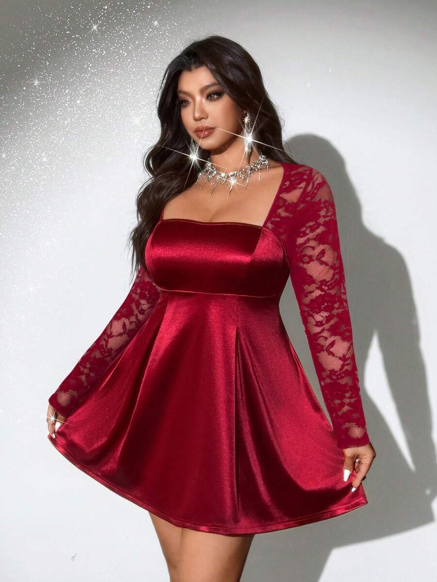 Viva Relle 大码女士优雅派对可爱甜美性感蕾丝拼接长袖褶皱腰A字迷你连衣裙，鸡尾酒会礼服，蕾丝连衣裙，彩排晚宴礼服，甜美风格，缎面毕业礼服，浪漫连衣裙，派对装扮，高端优雅，时尚春夏秋季，派对必备鸡尾酒会礼服，正式女士蕾丝袖连衣裙，优雅连衣裙，蕾丝迷你连衣裙 - 酒紅色 - 查看 1