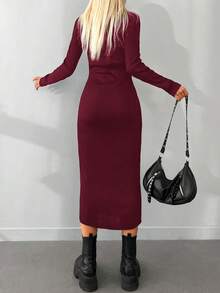 EURMUSE Autumn/Winter Casual Solid Color Turtleneck Fitted Knit Dress - Redwood - View 2