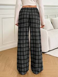 SHEIN Tall Women's Belted Plaid Straight Leg Loose Casual Pants Lounge Pants - Black and White - View 6