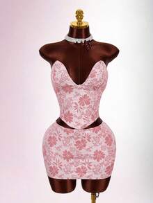 Amplova Bộ 2 món: Áo croptop quây và chân váy cạp siêu thấp bằng vải jacquard. - Hồng - Xem 6