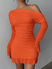 Aloruh Elegant Solid Color Slant Shoulder Dress, Casual & Party Wear - Orange - View 5