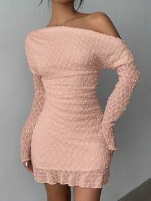 Aloruh Women's Sexy Asymmetrical Shoulder Long Sleeve Bodycon Mini Dress, Ruffle Hem Pleated Bodycon Dress, Clubwear Blush Dress Textured Dress Off Shoulder Dress Feminine Dress - Baby Pink - View 5