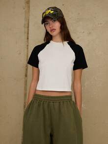 COUREZ Short Sleeve Shrunken Raglan T-Shirt - Black and White - View 2