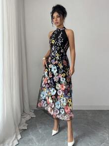 Elenzga Đầm dài nữ thanh lịch mới với họa tiết hoa 3D, phối lưới, họa tiết hoa hồng, thích hợp cho tiệc tùng, ngày Valentine, hẹn hò, họp mặt, lễ hội, năm mới, đám cưới, phù dâu, mùa xuân/hè. - Nhiều màu - Xem 3