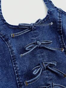 SHEIN Girlism 少女时尚休闲Y2K舒适简约蝴蝶结设计蓝色吊带牛仔上衣，柔软舒适，适合日常穿着，也是少女春夏服装的理想之选。 - 深色水洗藍 - 查看 4