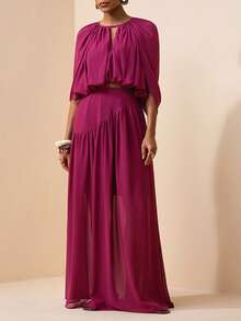 Zivah 新款春夏波西米亚度假风紫红色郁金香短款披肩上衣搭配长款荷叶边半裙两件套。适合约会、情人节、日常出行、旅行、度假、海滩、婚礼季、婚礼宾客、早午餐、机场穿搭等场合。融合了西部风情、游牧风和波西米亚风。 - 中紫紅色 - 查看 6