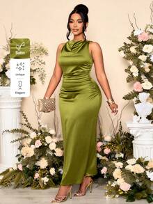 SOLERSUN 大码女士优雅纯色褶皱领无袖派对连衣裙，肩部多风格扭结设计，修身褶皱红棕色缎面面料，非常适合宴会、秋冬室内穿着、长款连衣裙、毕业礼服、舞会礼服、婚礼宾客礼服、奢华晚礼服、万圣节、圣诞节、新年等场合。 - 橄欖綠 - 查看 1