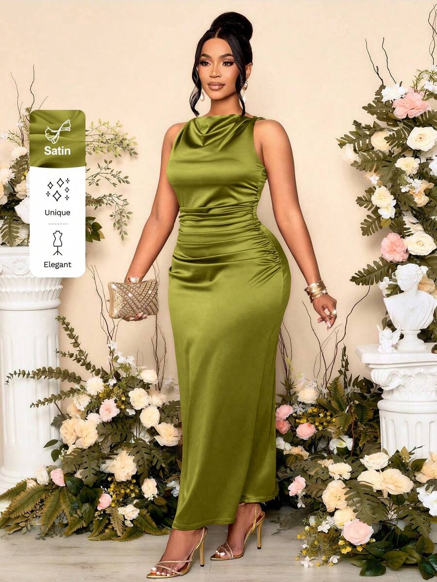 SOLERSUN 大码女士优雅纯色褶皱领无袖派对连衣裙，肩部多风格扭结设计，修身褶皱红棕色缎面面料，非常适合宴会、秋冬室内穿着、长款连衣裙、毕业礼服、舞会礼服、婚礼宾客礼服、奢华晚礼服、万圣节、圣诞节、新年等场合。 - 橄欖綠 - 查看 1