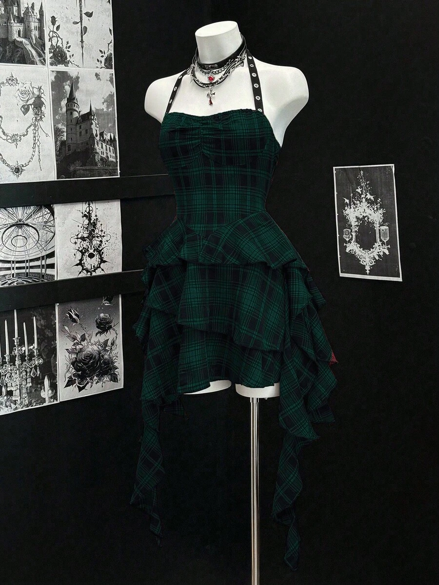 EgrlEra Đầm nữ mùa hè kẻ caro nhún bèo, vạt bất đối xứng, cổ yếm - Nhiều màu - Xem 1