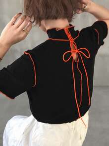 FRIFUL Women's Casual Contrast Color Tie Bow Loose T-Shirt, Versatile For Spring And Summer - Black - View 7