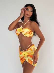 EgrlEra Bộ đồ bơi 3 món dành cho nữ, áo croptop cúp ngực xếp ly in hoa màu vàng với họa tiết hoa 3D, quần bơi và váy quấn cùng màu, phong cách tối giản châu Âu, thích hợp cho bãi biển, hồ bơi và kỳ nghỉ. - Nhiều màu - Xem 4