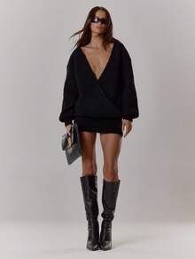 MUSERA Oversized Wrap Over Front Fitted Cuff Knit Mini Dress Autumn Winter Knitwear Casual Going Out Sexy Everyday Night Out Cute  Cosy   Valentines Spring - Black - View 3