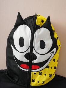SHEIN Felix The Cat Men's Colorblock Letter & Cartoon Graphic Zip-Up Hoodie - Black - View 8